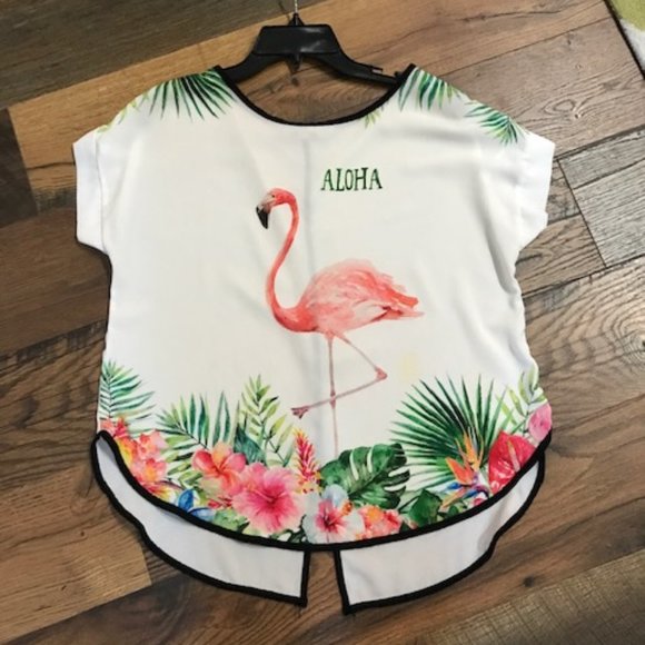 European Aloha Palm Frond and Flamingo Blouse - Resortwear - Picture 1 of 6